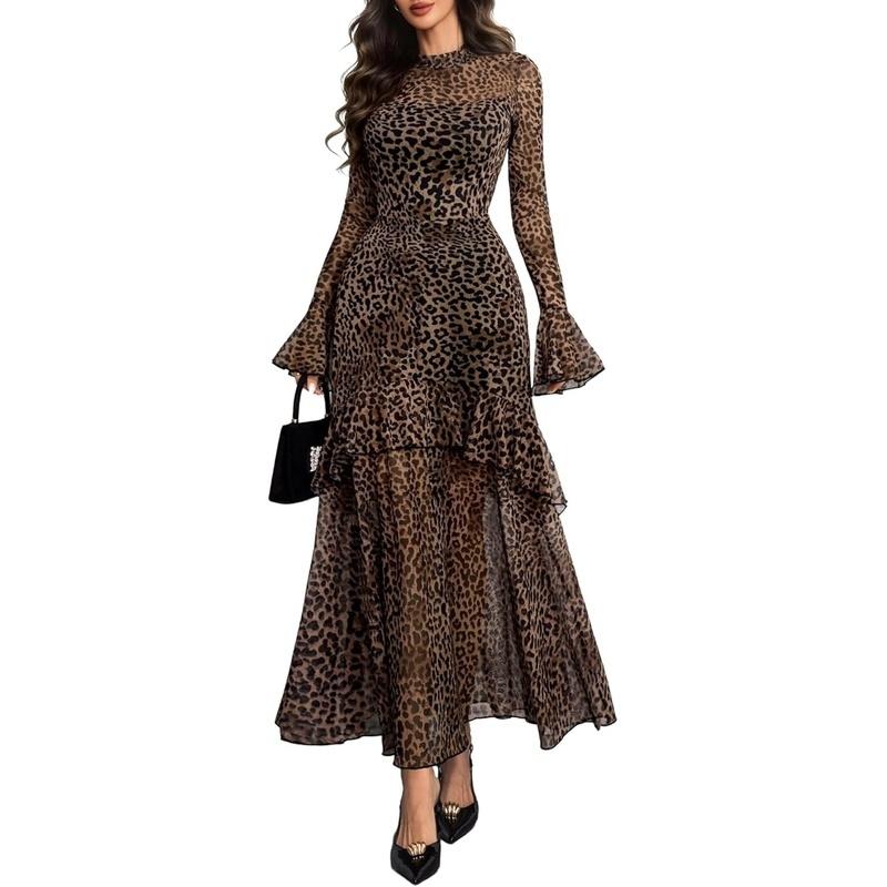 women's floral print sheer mesh mock neck flounce long sleeve high waist tiered ruffle maxi bodycon dress with lining