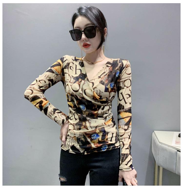 

Весна 2025 г. Сетчатая футболка с длинным рукавом и принтом Slim Fit: Модный стиль вестерн для женщин XL