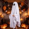 Unisex Halloween Wear Ghost Costume for Kids Adults, Cosplay Fancy Dress, Breathable Party Spooky White Cloak Cape with Black Eye Holes