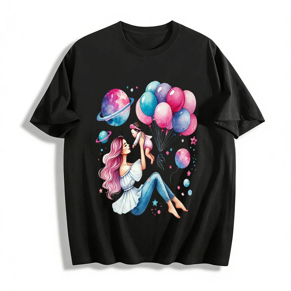 Mom And Baby Balloon Planet Print Casual Top Cosmic Family Wear Pure cotton T-shirt XXS