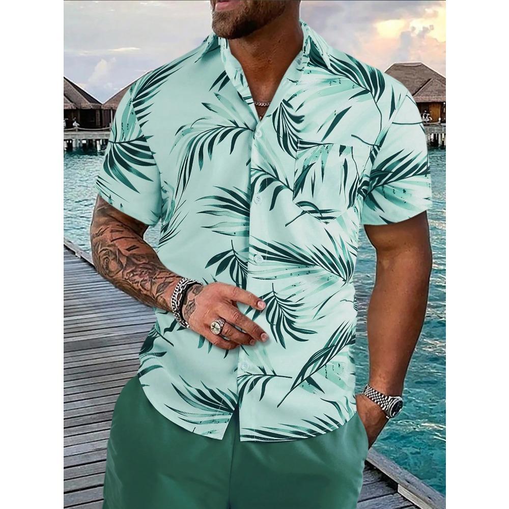 Hawaiian palm tree 3D printed men's shirt, casual and fashionable short sleeved shirt, lapel button top large unisex clothing