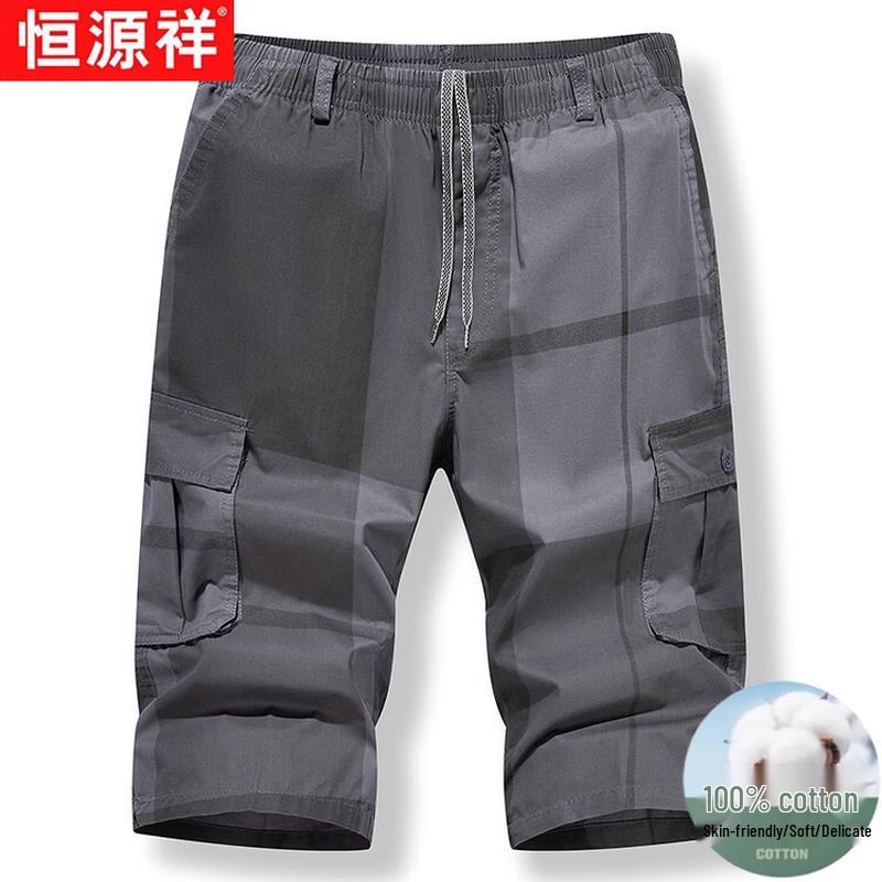 Hengyuanxiang Men s Summer Cotton Plaid Seven-Point Shorts 3XL