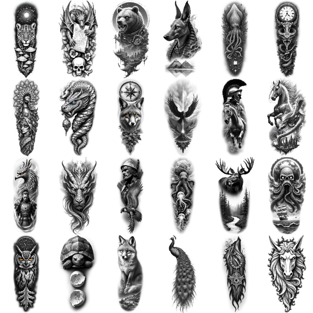 12pcs Temporary Tattoo Horse Black And Grey Realism Peacock Wolf Waterproof Long-lasting Body Stickers Lion For Thigh