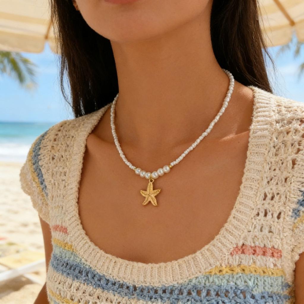 Summer hot-selling bohemian style starfish series multi-pendant beaded rice bead necklace beach style necklace women