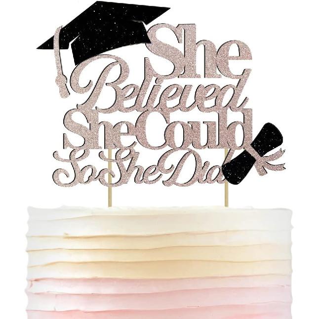 She Believed She Could So She Did Cake Topper for Graduation Decorations, 2025 Graduation Cake Topper, Congrats Grad 2025 Party Supplies (Gold)