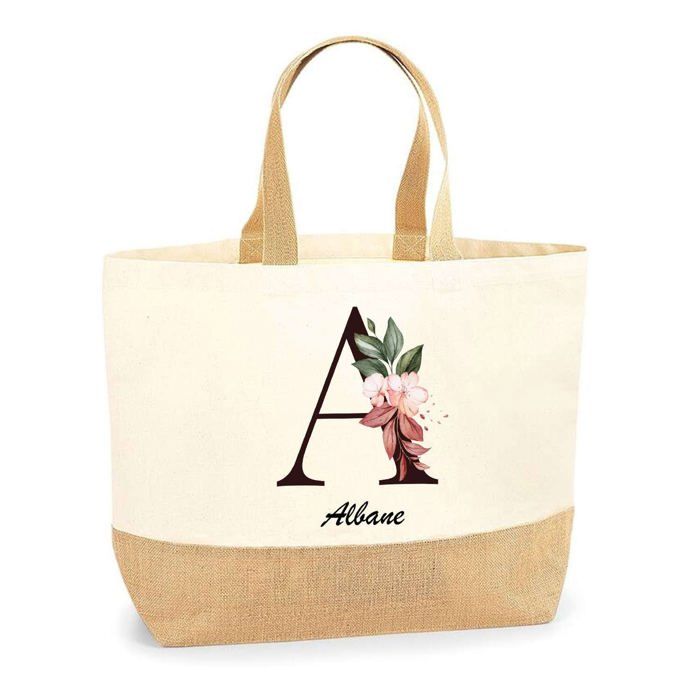 Cabas de Plage - PLANETEE - Albane - Jute naturel - Motif Lettre Fleur - Fabriqué en France