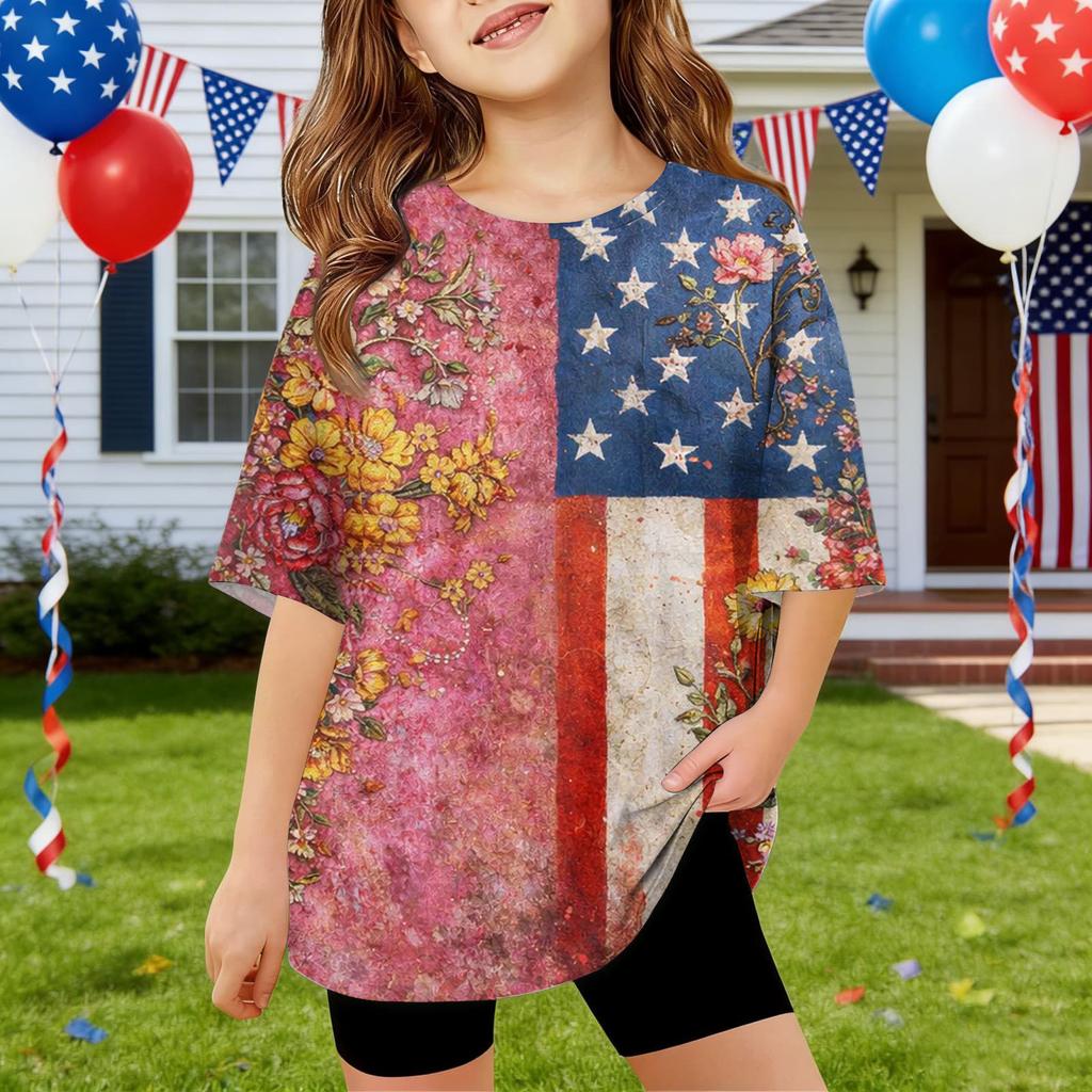 Kids Independence Day Print Round Neck Short Sleeve Casual T-shirt