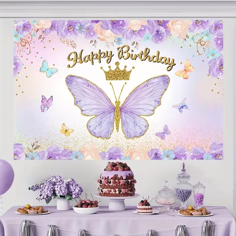 2D Flat Printing Floral Gold Crown Birthday Backdrop for Girl's Photoshoot