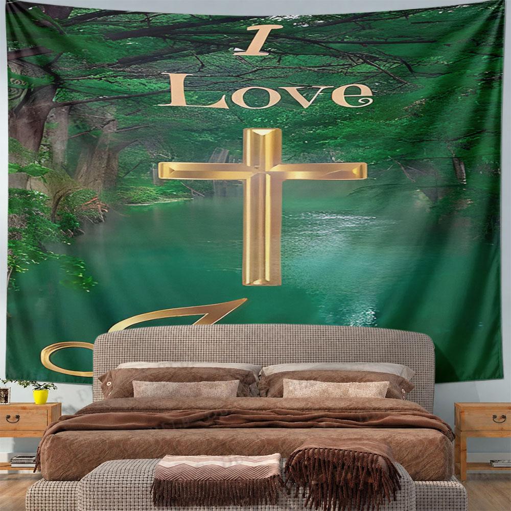"I Love Jesus Golden Cross Design" Pattern Wall Hanging Tapestry Decorative Tapestry Home Decor for Bedroom and Living Room