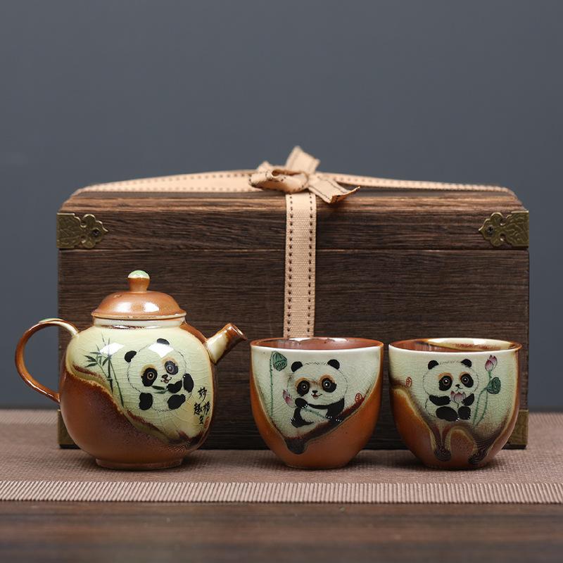 Hand-painted panda tea set, light luxury outdoor travel ceramics, one pot and two cups, gifts for public relations when the company opens