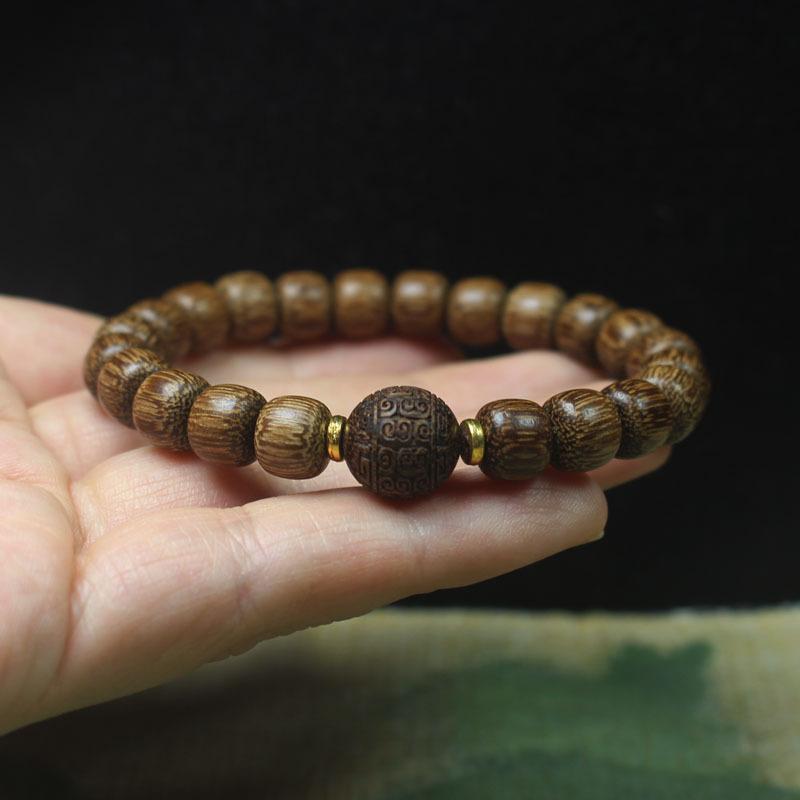 Dark Agarwood Bead Bracelet 8mm, Vintage Carved Bead Wooden Wristband, Ethnic Style Jewelry Gift