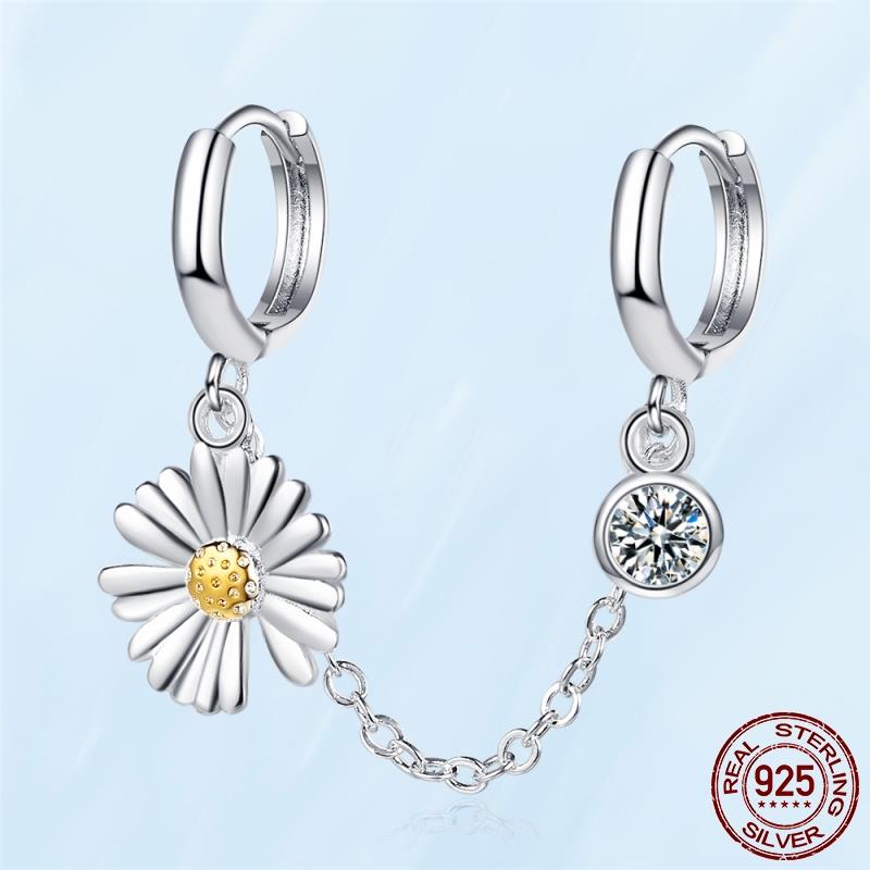 Real Original 925 Sterling Silver Daisy Flower Feather Hoop Heart Stud Earrings Fit Women Fashion Jewelry Engagement Party Gift