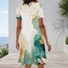 Women Plus Size Round Neck Short Sleeve Marble Printed Blue A Line Midi Dress
