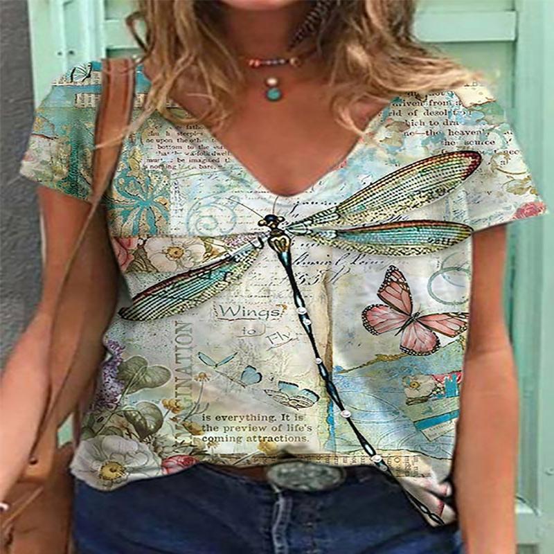 

Модные весенние блузки с принтом стрекозы, футболки с коротким рукавом и V-образным вырезом, повседневные 8XL зелёный