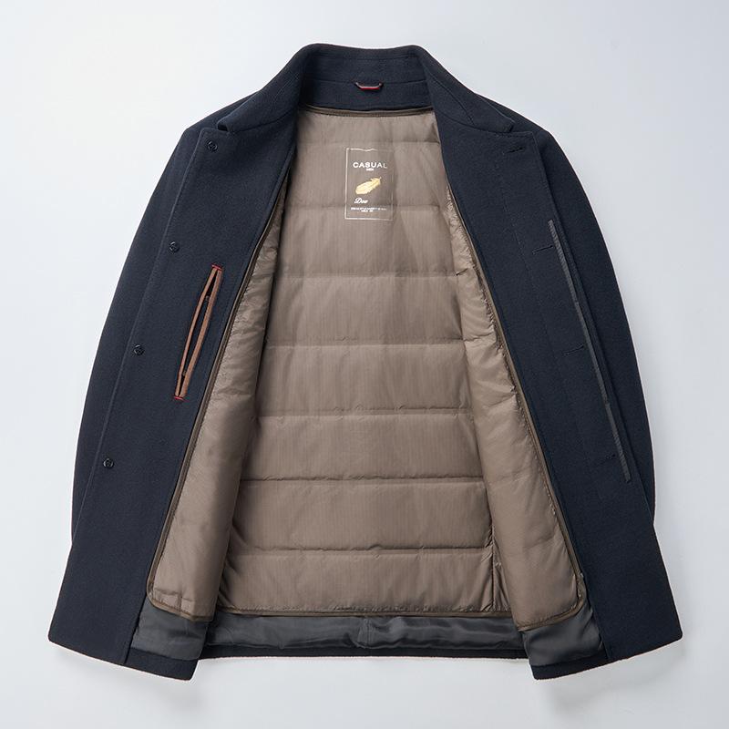 New winter cashmere coat for men, medium and long, removable down liner lapel top, middle-aged and elderly pure wool coat