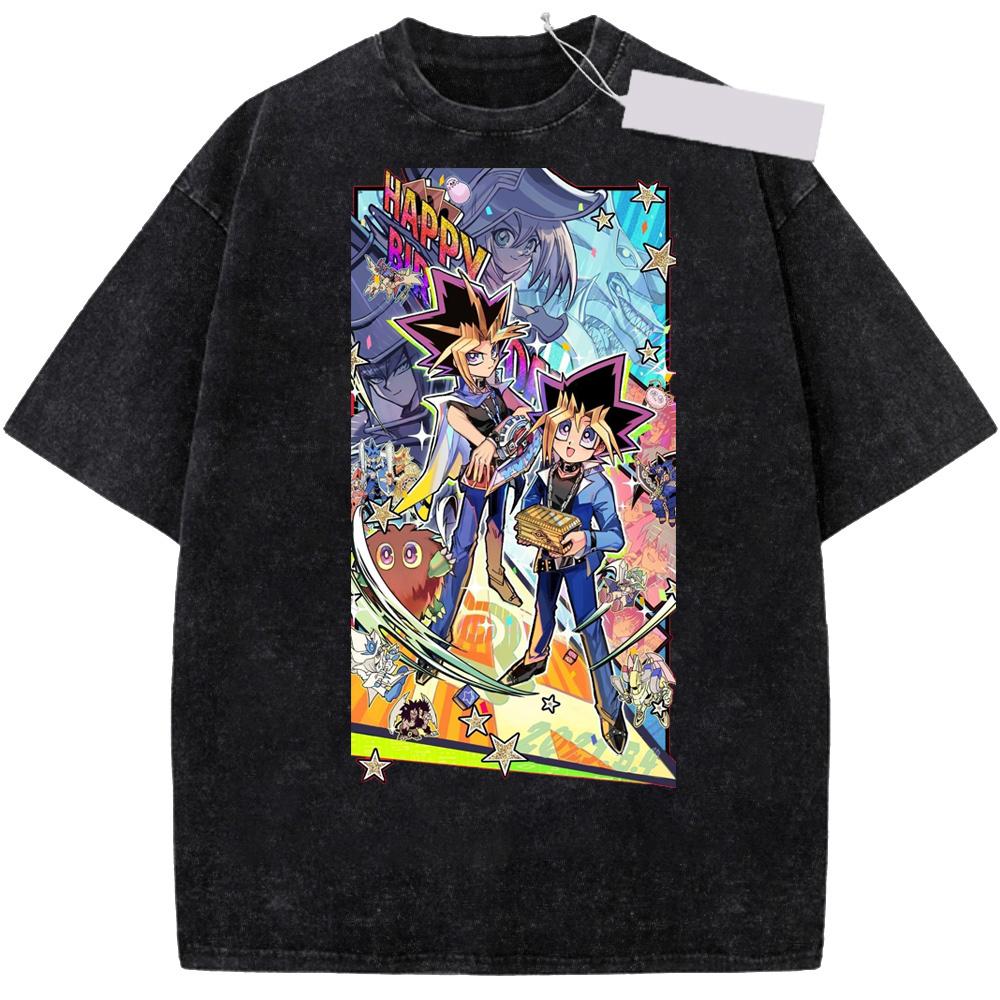 Anime Yu Gi Oh Dark Magician Print Wash Cotton T-shirt Men Women Short Sleeve Clothing Cotton Tshirt Manga Tops Washed T Shirt
