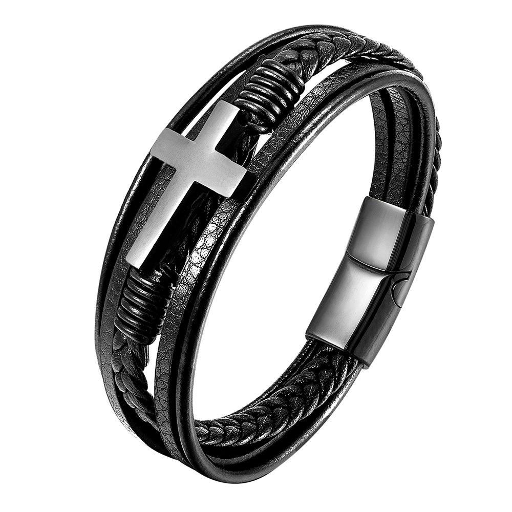 

European and American Leather Bracelet Leather Woven Bracelet, Cross Leather Multi-layer Men s Jewelry 2026 21CM