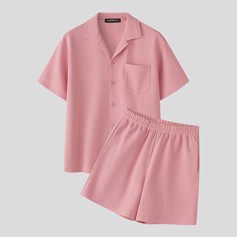 INCERUN Two Pieces Men Short Sleeve Buttons Shirts Short Pants Texture Casual Sets