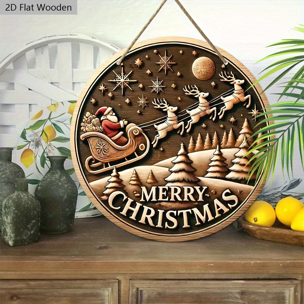 Panneau de Noël Classique en Bois Père Noël - Panneau Rond Navidad pour Décoration de Cour Porte Murale - Décoration de Noël Idéale