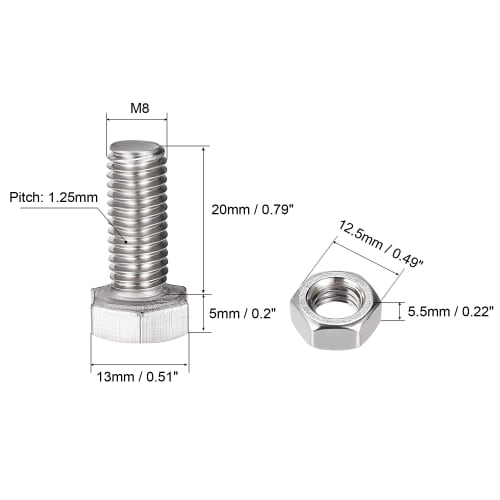 uxcell Hex Thread Bolts, Nuts, and Flat Lock Washer Kit, M8 x 20mm, 304 Stainless Steel, Fully Threaded Hex Bolts, Set of 4