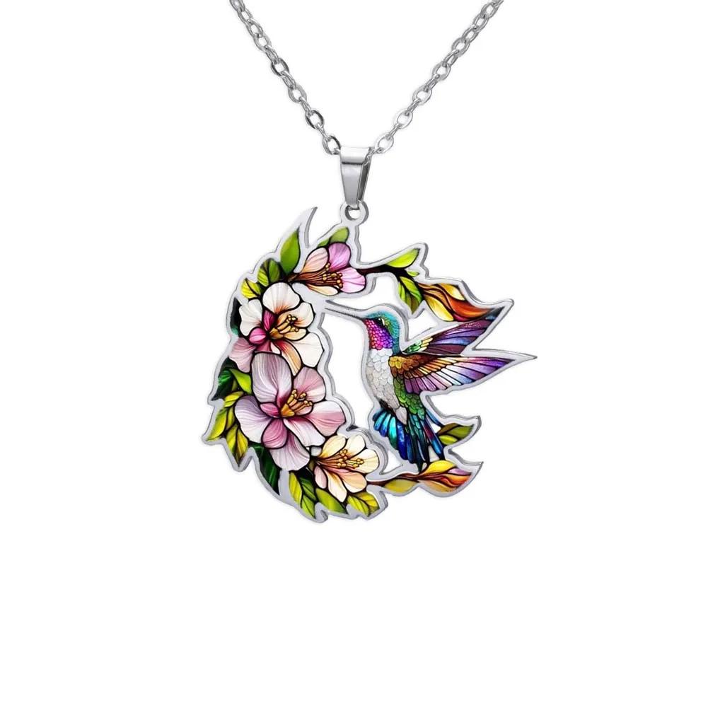 Set de Broche y Collar de Colibrí Colorido con Diseño de Pájaro en Acero Inoxidable, con Pendientes Resistentes al Descoloramiento y Anillo de Gancho