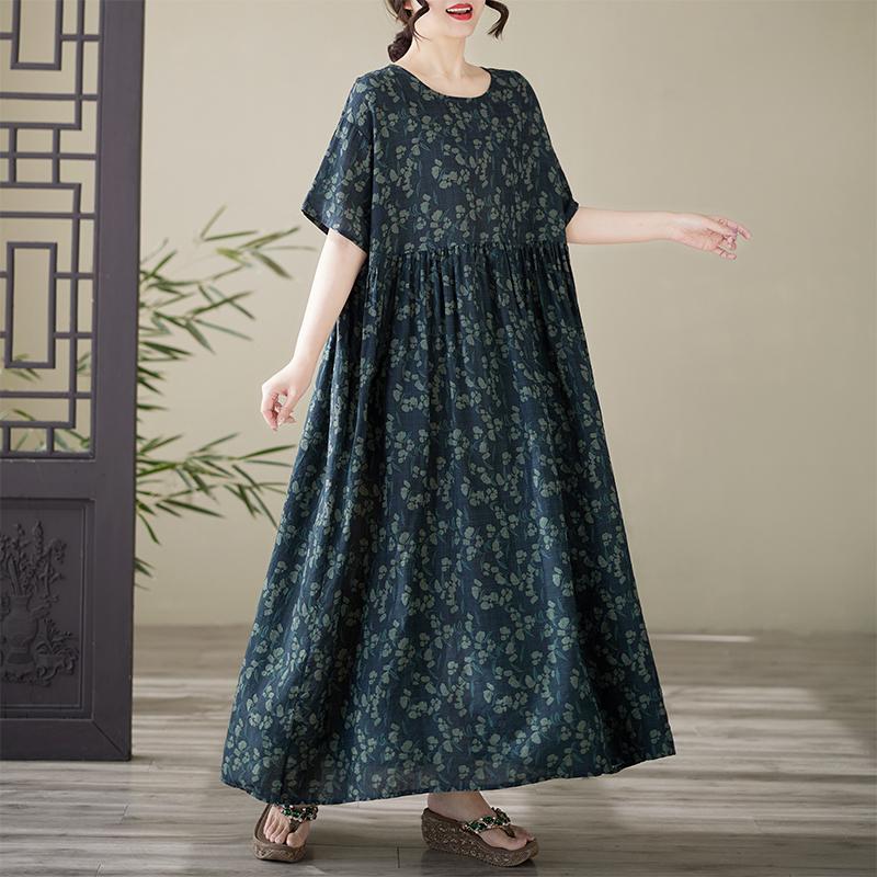 DIMANAF 2025 Summer Plus Size Dress Basic Women Casual Loose Vintage Oversized Printing New Long O-Neck Dress