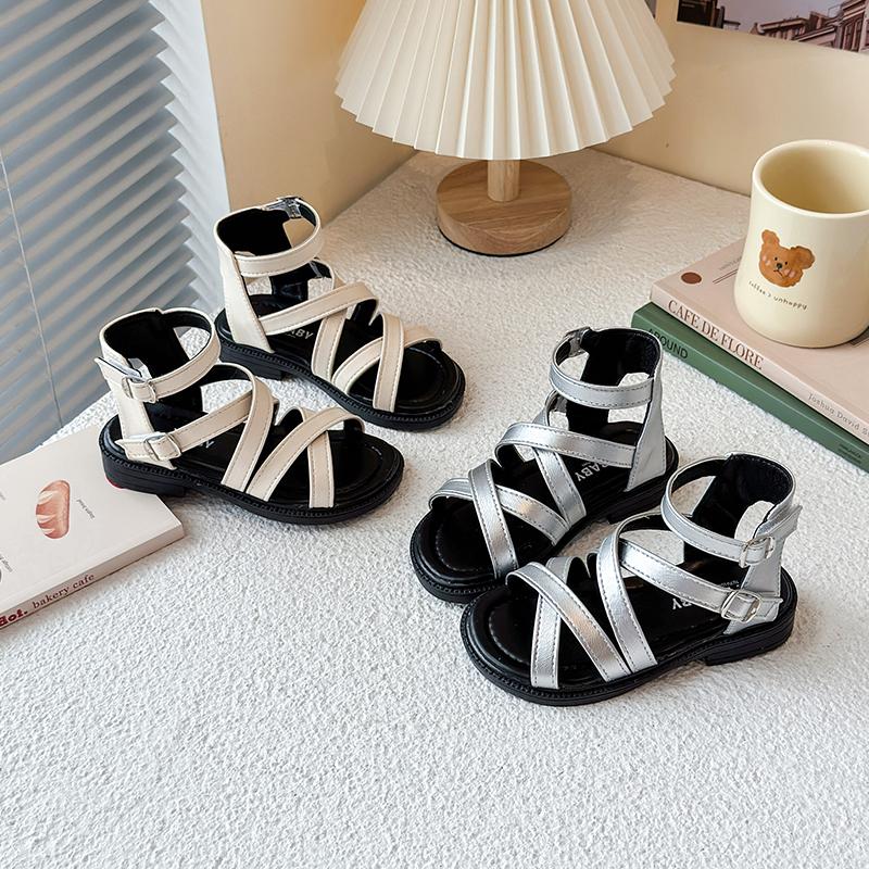 Girls Roman Shoes with Double Hook&loop Kids Sandals Non-slip Soft Sole 2025 Summer New Children Princess Shoes Open Toes Sweet