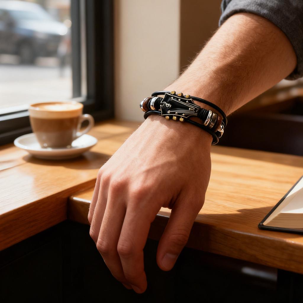 Alloy Music Guitar Leather Bracelet With  Flag Colored Enamel Stainless Steel Buckle And Woven Leather Strap.