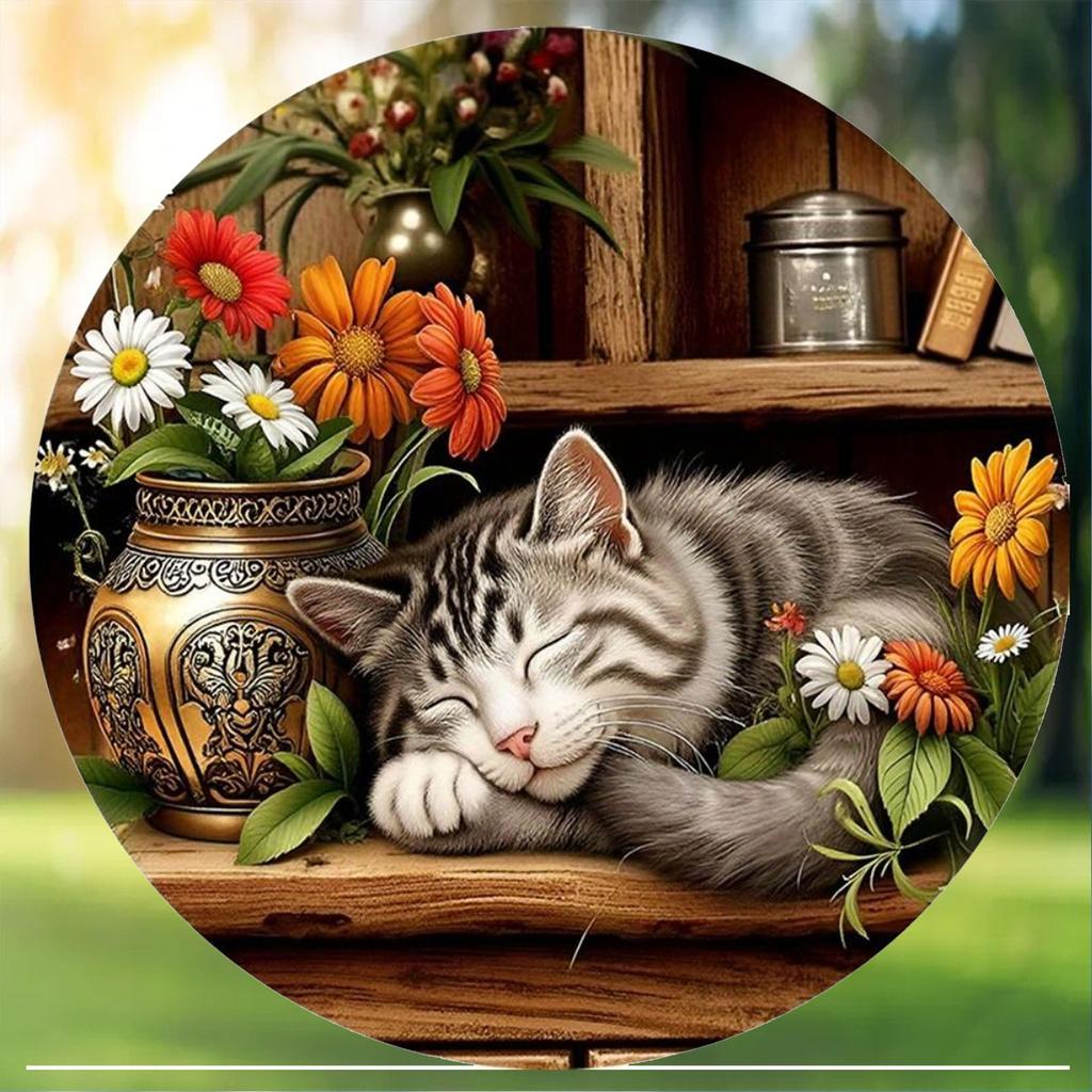 Hisun Tin Sign Vintage Sleeping Tabby Cat  Flowers Round Tin Sign Retro Cozy Cottagecore Themed Metal Wall Art Plaque Waterproof Rustic Iron