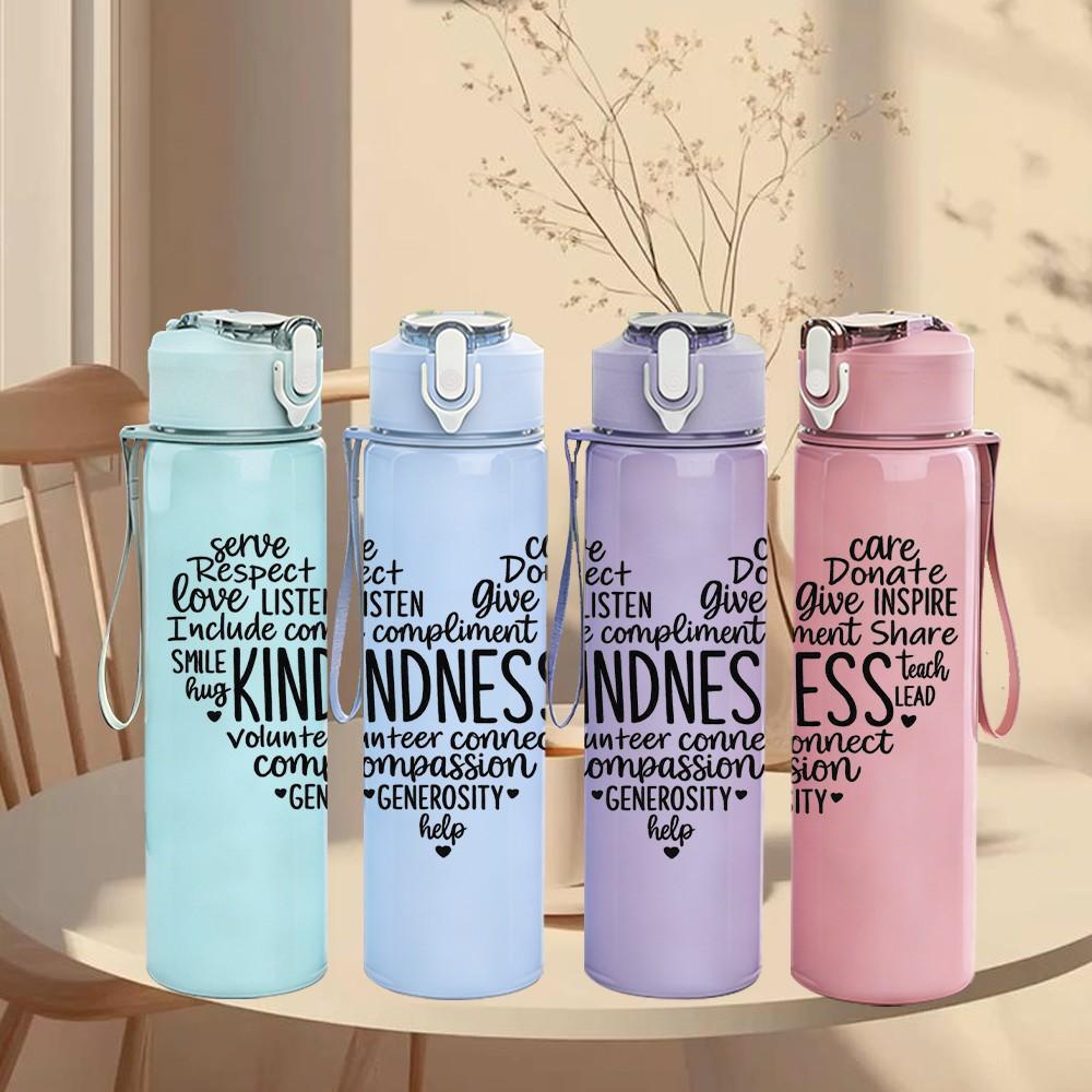 1PC Heart Filled With Kindness Quote Print 750ml Color Plastic Sports Water Bottle Leakproof Flip Straw Lid Suitable for Sports Office Home Use