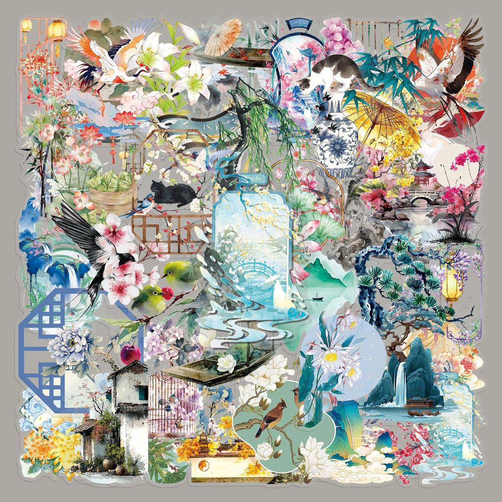 50 Chinese Ancient Style HD PET Waterproof Stickers: Journal Decor & Phone Case DIY Transparent Sheets