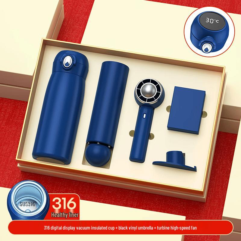 3-in-1 Business Gift Set: Sapphire Blue Insulated Mug, Portable Fan & Foldable Umbrella