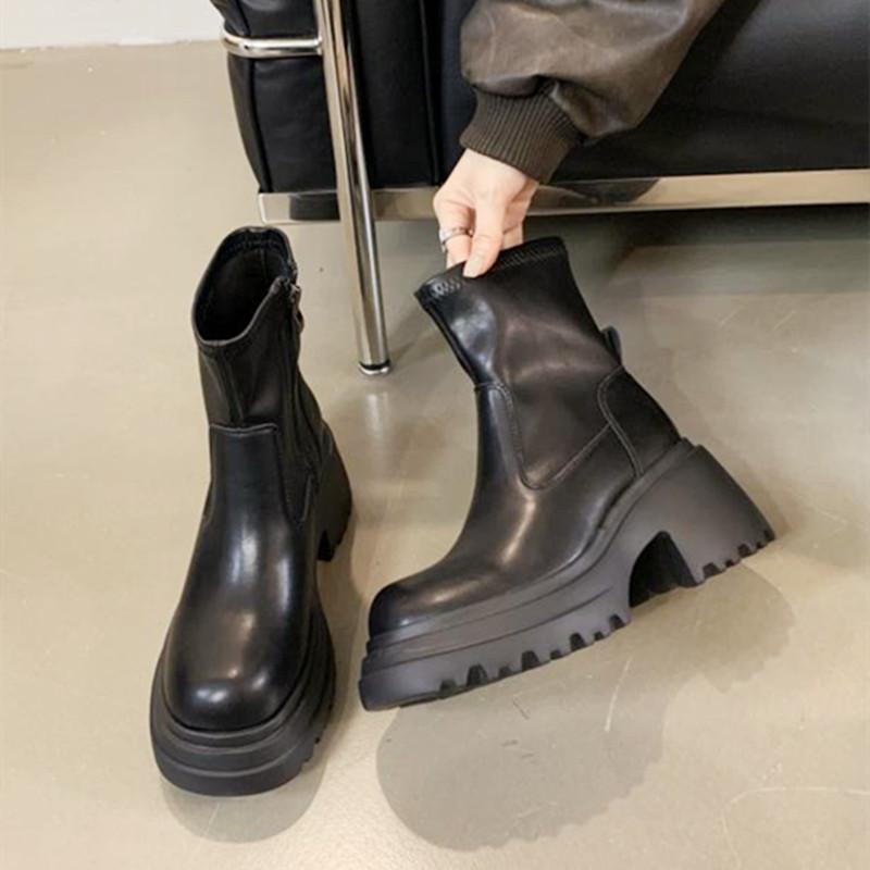 Fashion Black Soft Leather Ankle Boots Women Side Zip Design Platform Boots for Women Chunky Heel Non-slip Autumn Warm Biker Botas Mujer