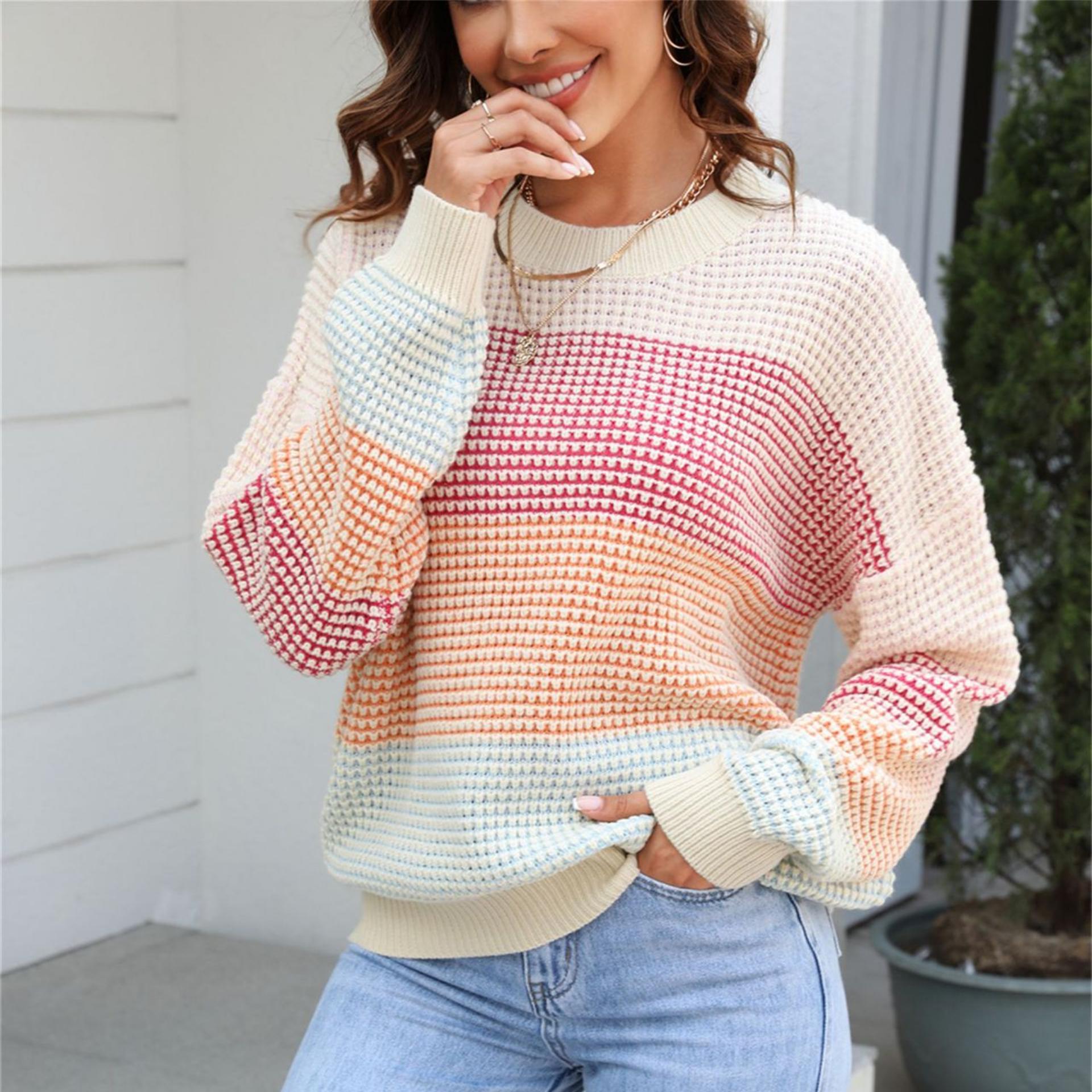 

2026 Autumn Women s Casual Sweater Loose Large Size Round Neck Two Color Contrast Sweater S абрикосовый