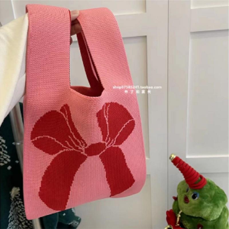Women's Knot Wrist Bag Handmade Knitted Bag Portable Mini Striped Tote Bucket Phone Bags Large Capacity Autumn Winter Handbags