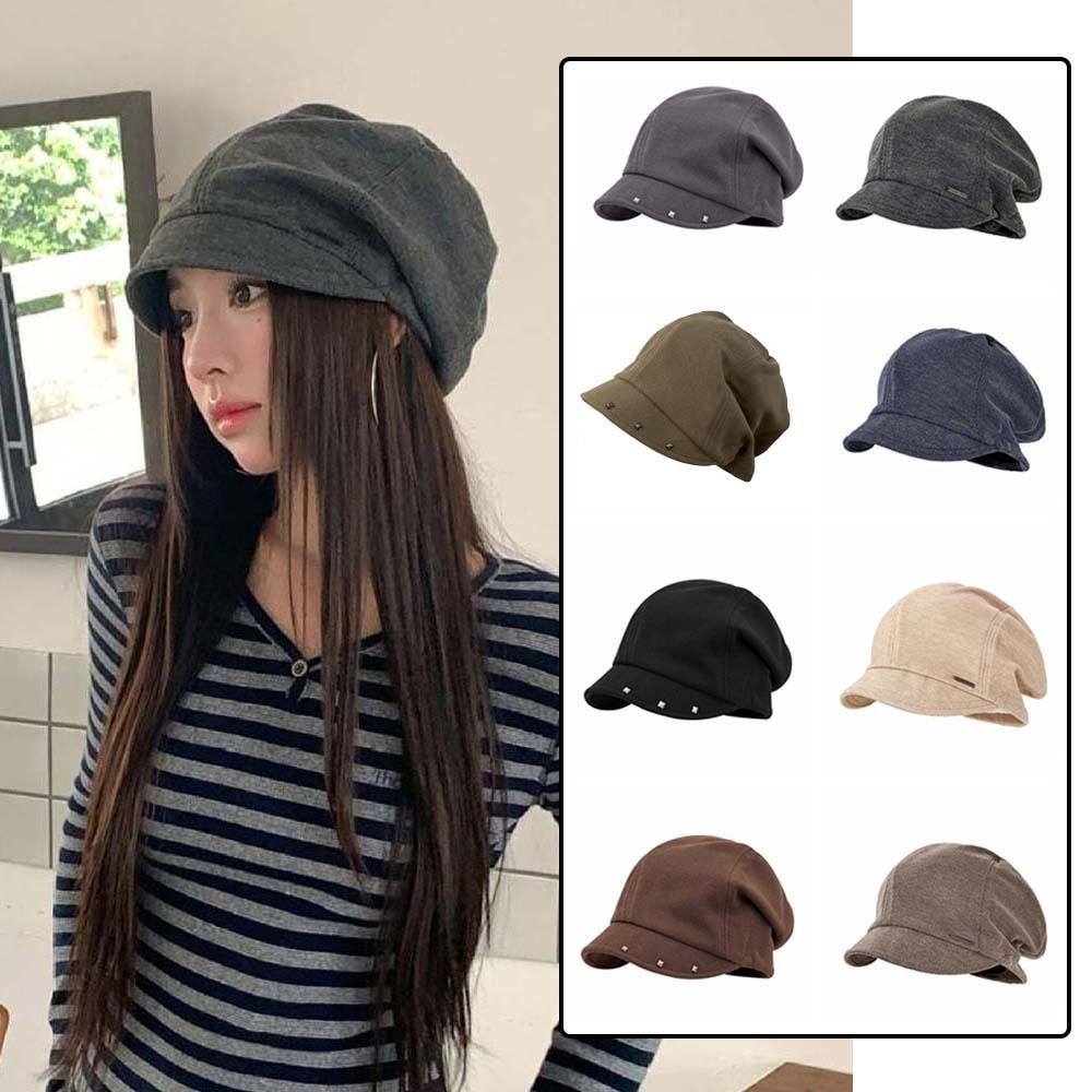 Rivet Ornament Slouchy Beret Solid Color Studded Beanie Newsboy Cap Short Brim Hat Fashion Girls
