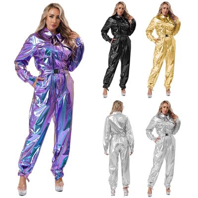 Salopetă Metalică pentru Femei Salopetă Strălucitoare Guler Reversibil Mâneci Lungi Design Talie Înaltă Costum de Halloween