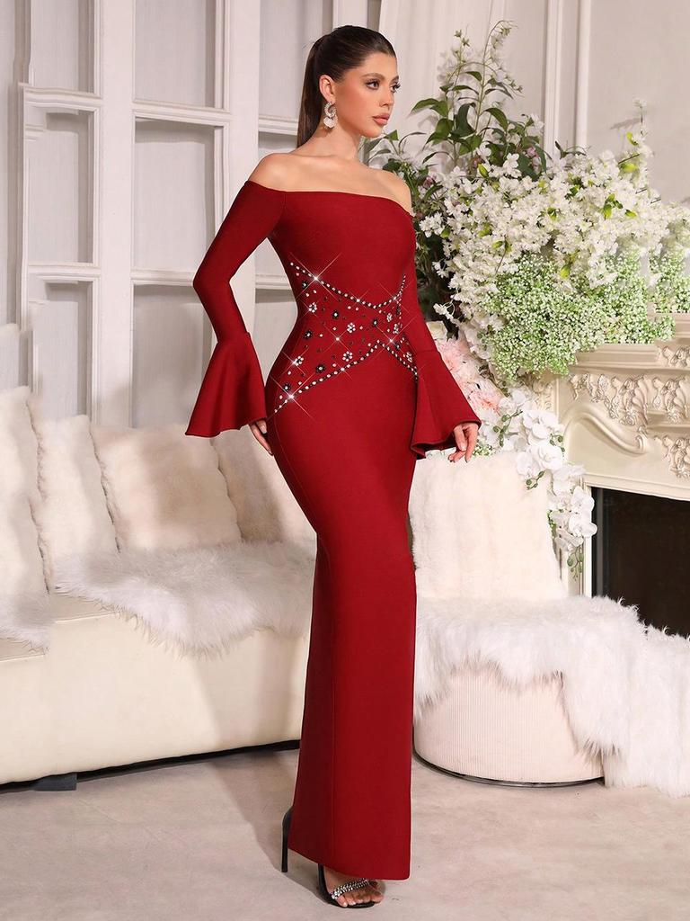 European Style Strapless Rhinestone One-Shoulder Elegant Long Dress