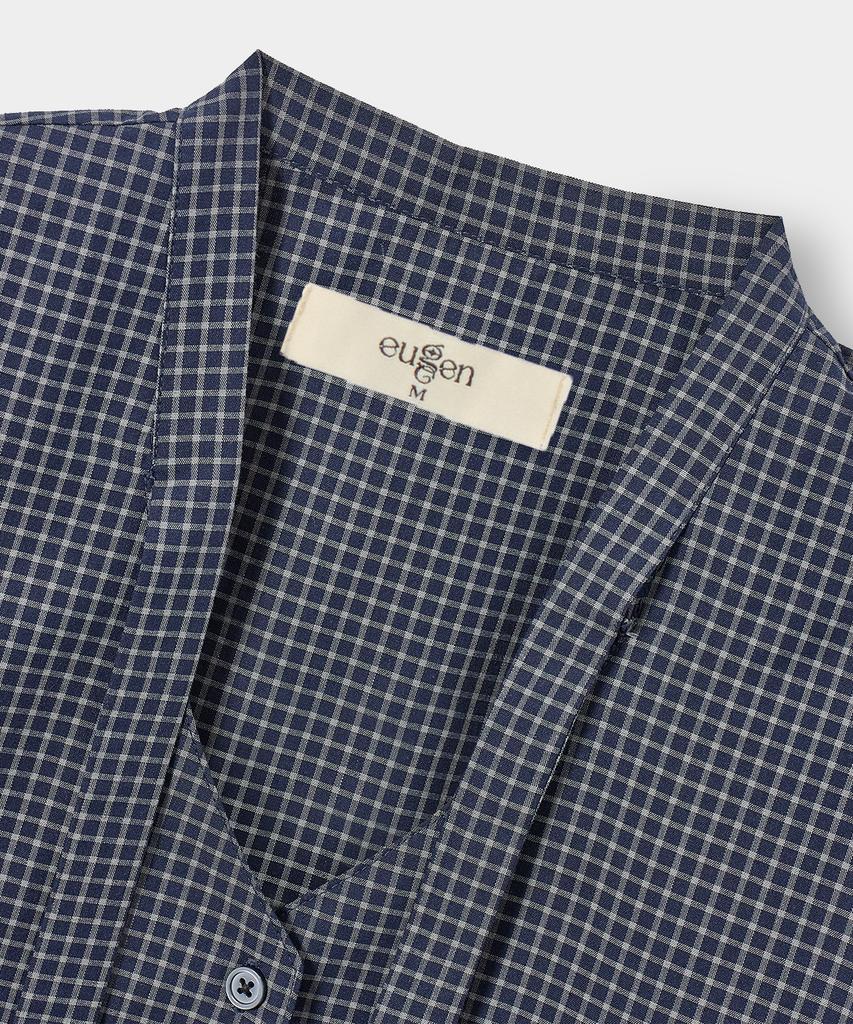 Yujen Soft Tie Button Blouse_Check Navy