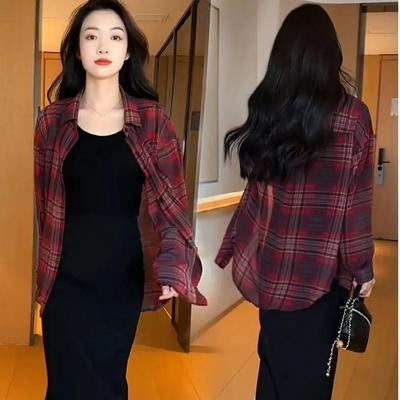 Damen Sommer Langarm Dünnes Kariertes Sonnenschutzhemd Koreanischer Stil Temperament Pendler Oberteile