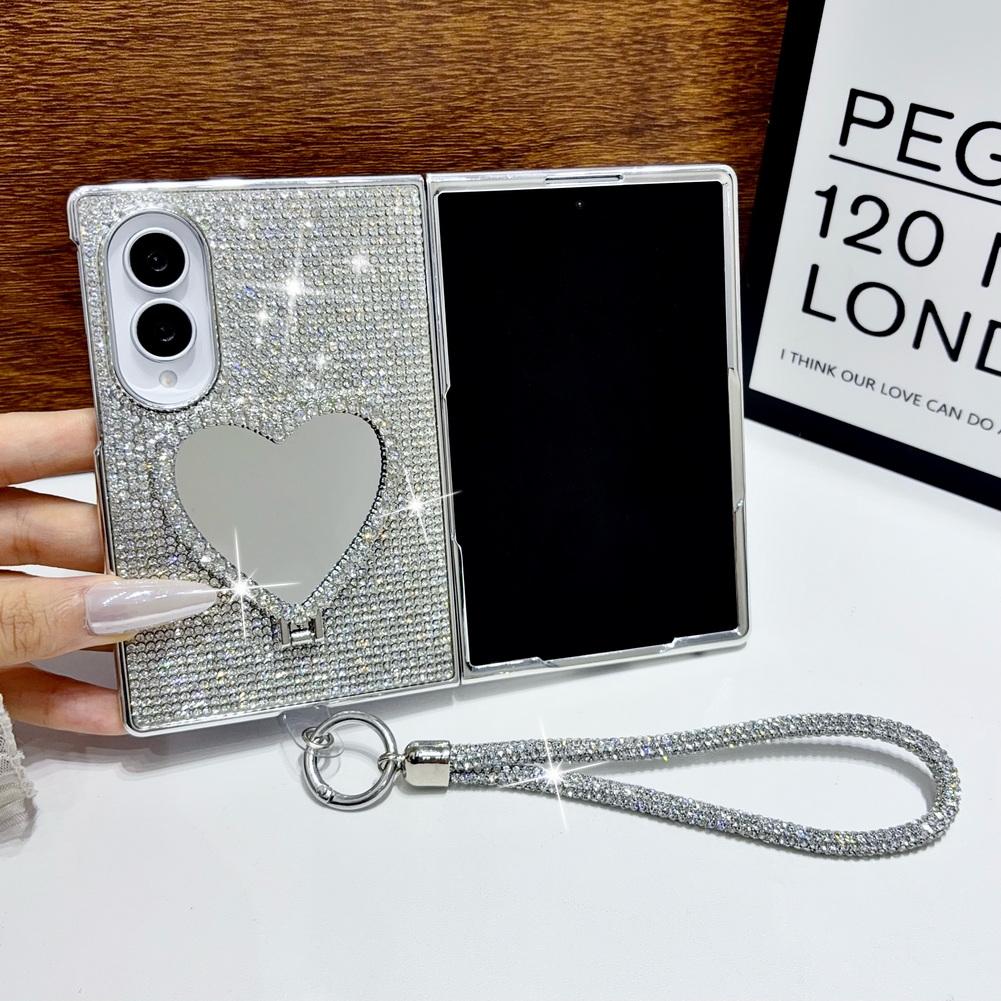 Shiny Rhinestone Heart Mirror Stand Phone Case For Samsung Z Fold 8 Fold8 Ultra Galaxy Z Fold 7 6 5 Plated Frame Glitter Cover