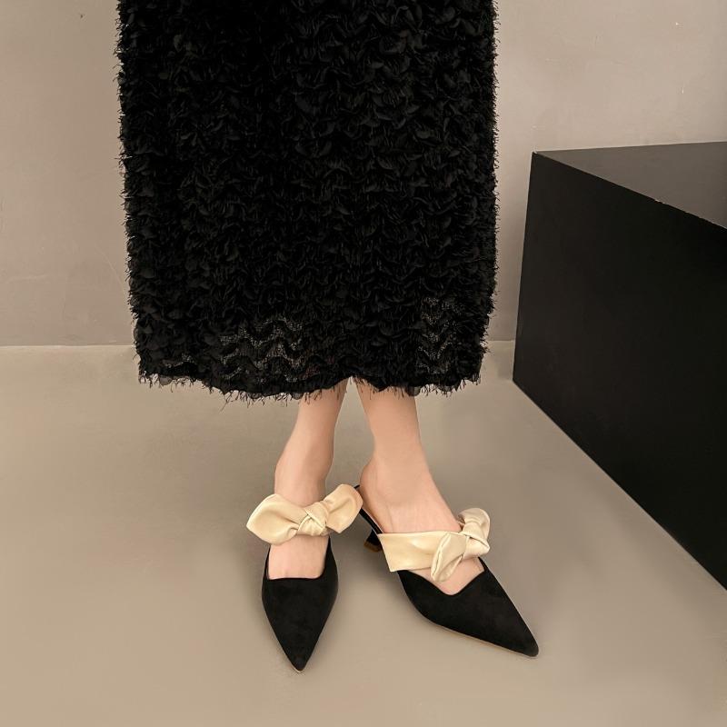 French Baotou slippers satin fashion fairy high heels new pointed toe shallow mouth temperament bow high heels