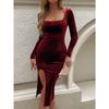 Feminine Solid Color U Neck Split Wrap Dress