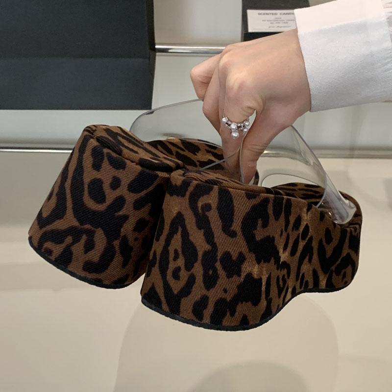 New Design PVC Transparent Leopard Print Platform Wedges Women's Slippers Summer High Heels Slide Shoes