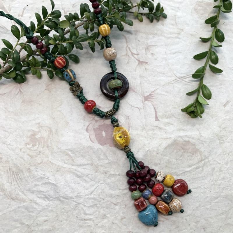 New Forest handmade ceramic necklace, women's retro versatile sweater chain simple long accessories pendant