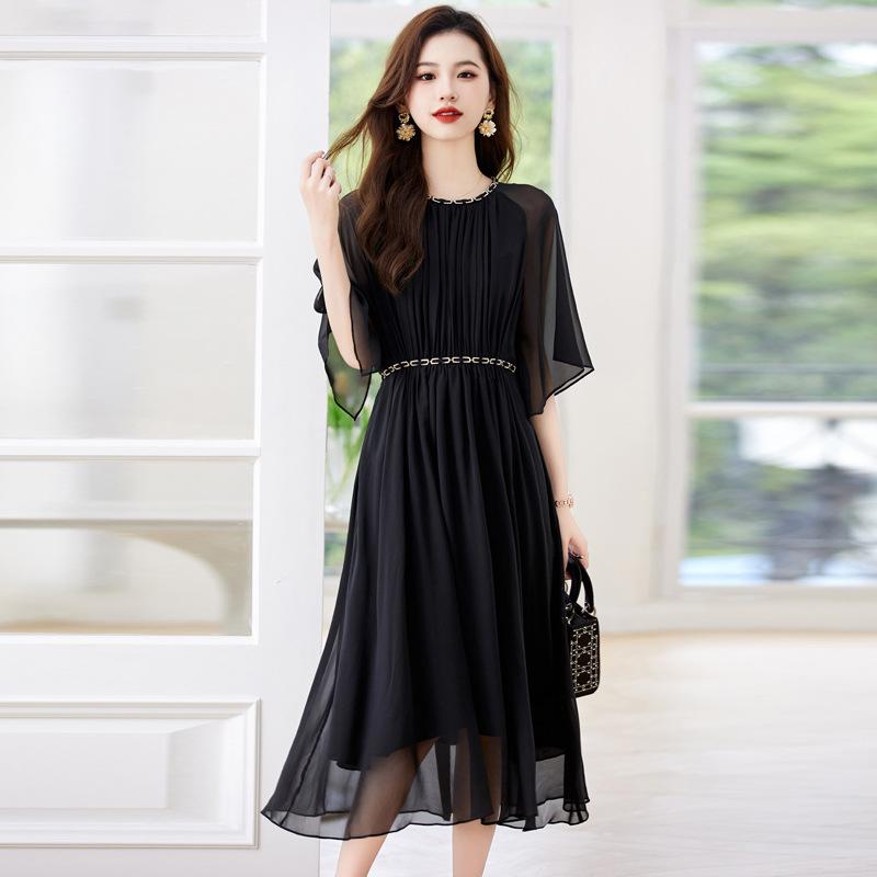 

Платье из тутового шелка женское новое для чаепития с милой талией, тонкое шелковое праздничное платье XL чёрный