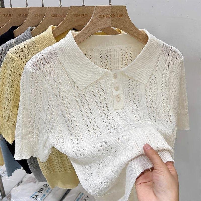 Top a Maglia Donna Scollo a V Manica Corta Lavorazione a Intreccio Estate Unico Chic Casual Blusa