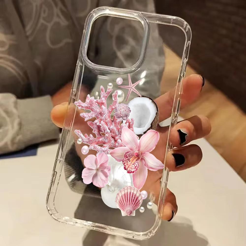 Pink Ocean Orchid Pattern Clear Phone Case for IPhone 17 Air 11 12 13 14 15 16 Pro Max 14 15 Plus XS X XR Shockproof Soft Cover