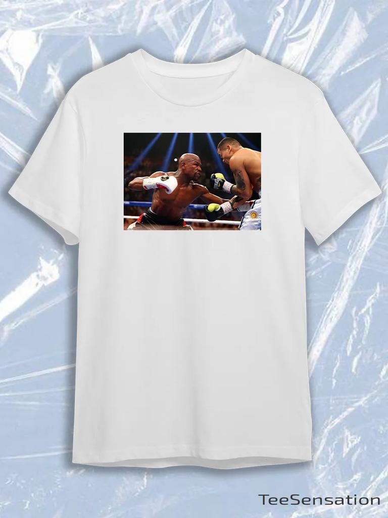 TeeSensation White Crew Neck Short Sleeve T-Shirt with Floyd Mayweather Boxing Match Ring Photo Print