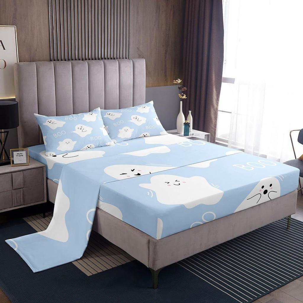 Halloween Cartoon Ghost Pattern Bed Hat Four-Piece Bedding Set Bedroom Dormitory Bedding Decoration